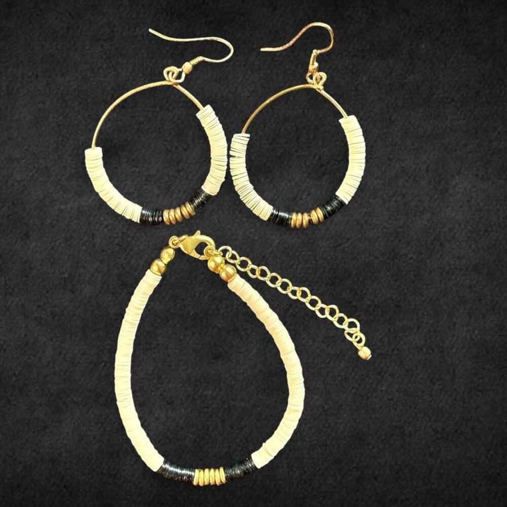 Handmade Vietnamese Beaded Hoop Earrings Bracelet Set | Black White Gold Boho